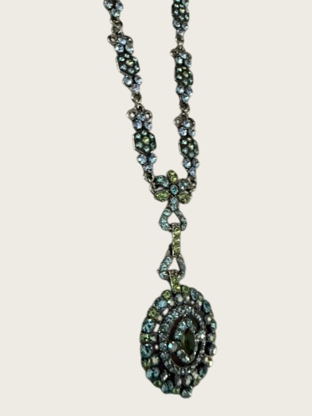 Vintage Blue Green Rhinestone Pendant Necklace 19" Silver Tone AB Crystal 2" Drop