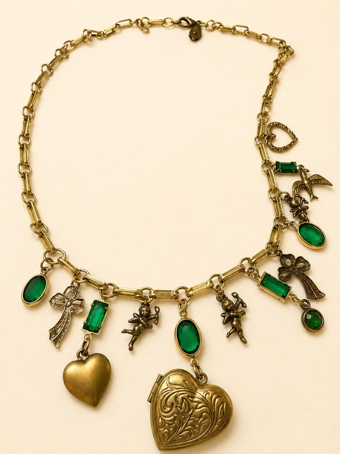 Vintage Sadie Green Signed Green Glass Charm Necklace Heart Lockets Victorian Revival Gold Tone