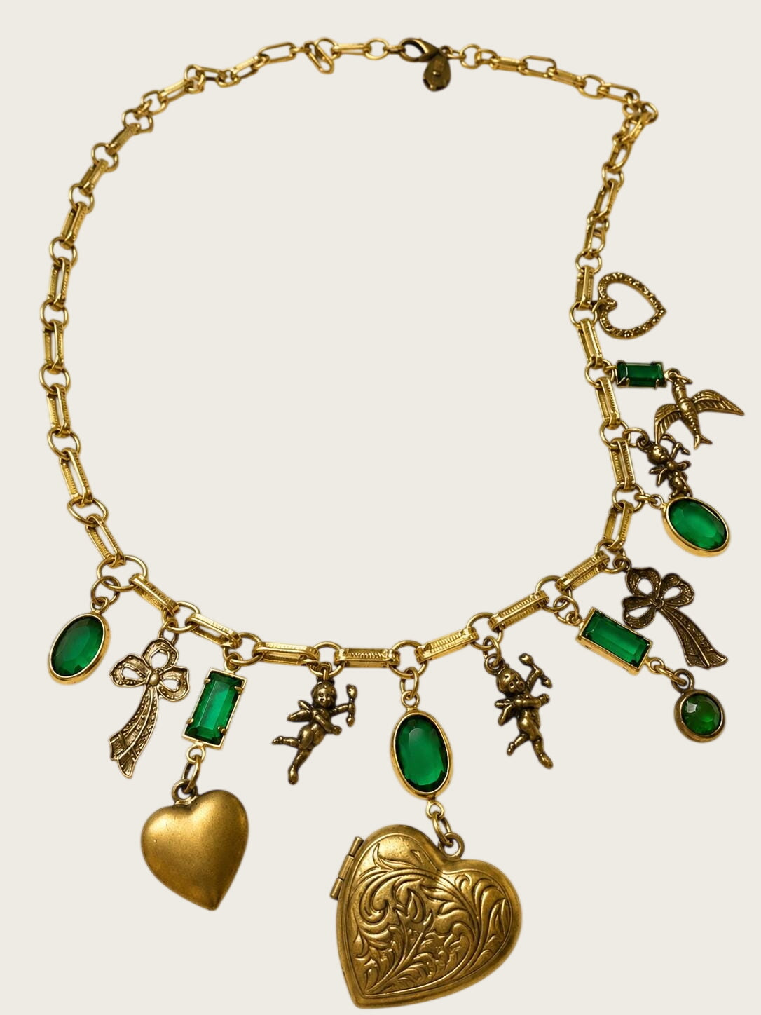 Vintage Sadie Green Signed Green Glass Charm Necklace Heart Lockets Victorian Revival Gold Tone