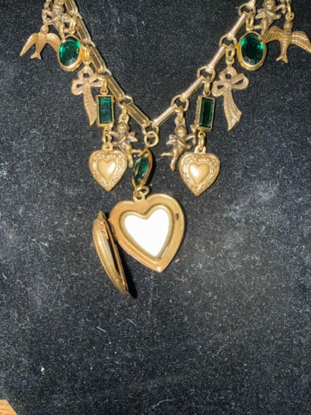 Vintage Sadie Green Signed Green Glass Charm Necklace Heart Lockets Victorian Revival Gold Tone
