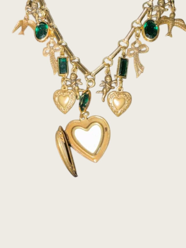 Vintage Sadie Green Signed Green Glass Charm Necklace Heart Lockets Victorian Revival Gold Tone