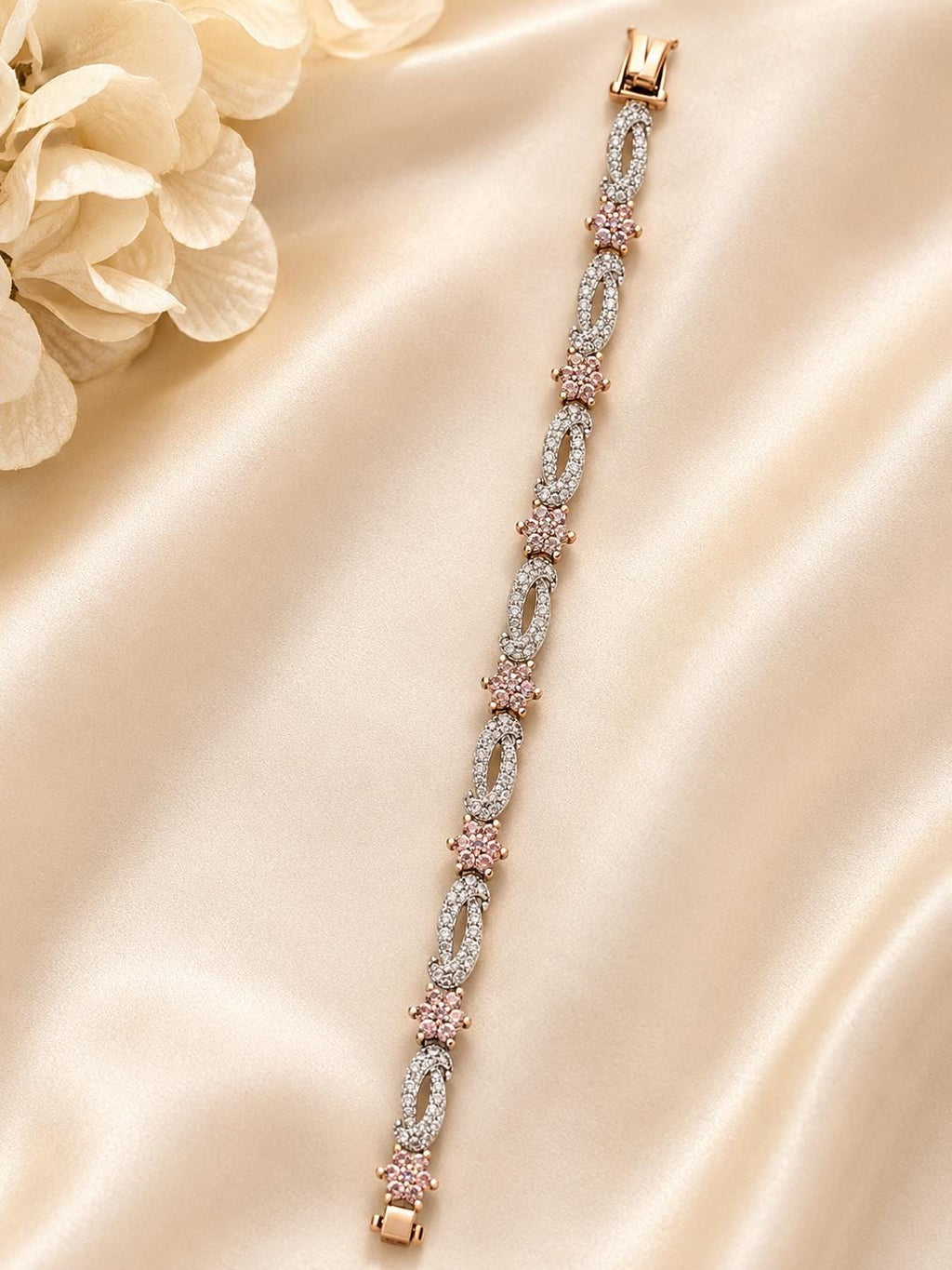 Vintage Ross-Simons Sterling Silver Pink CZ Floral Link Bracelet 7.5"