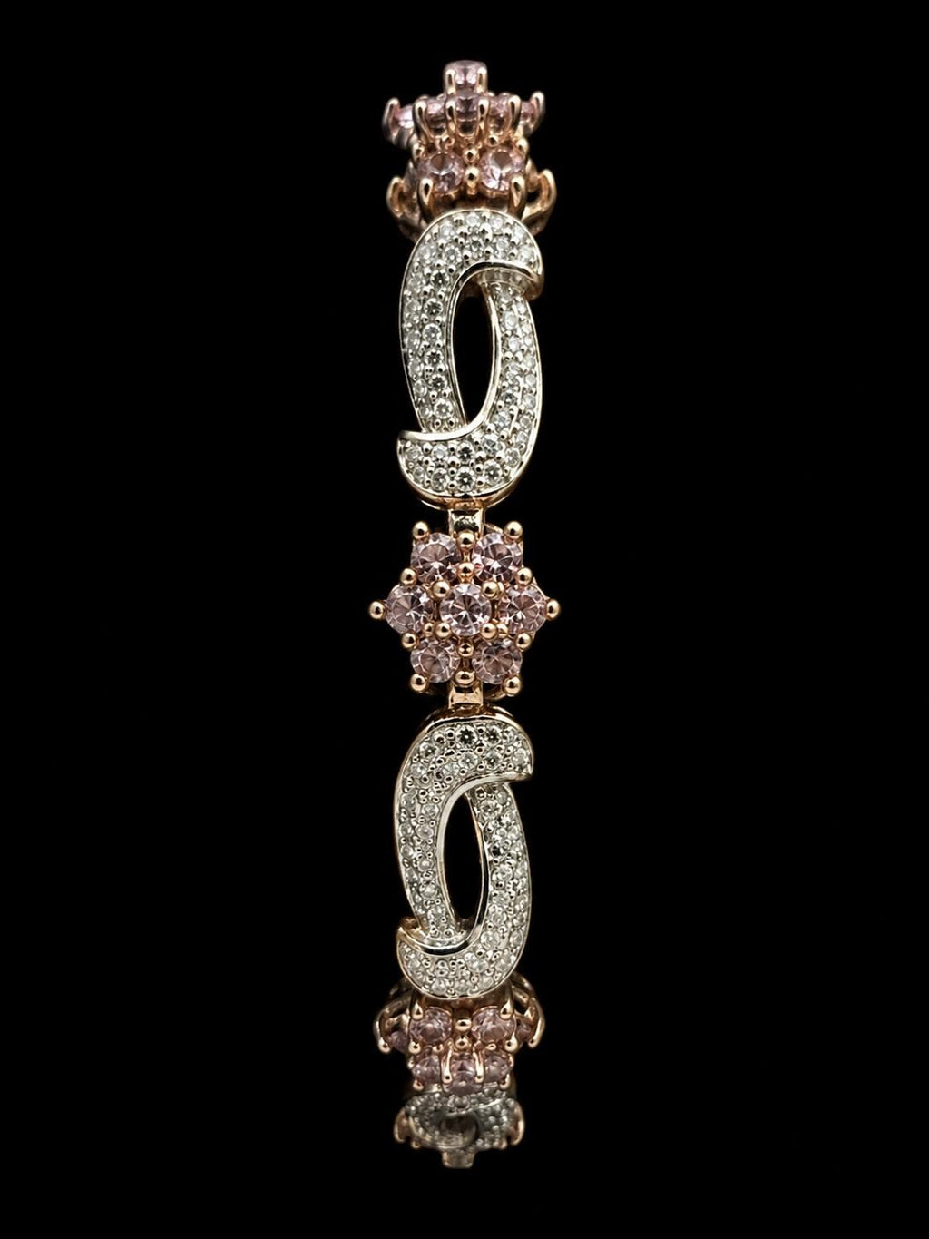 Vintage Ross-Simons Sterling Silver Pink CZ Floral Link Bracelet 7.5"