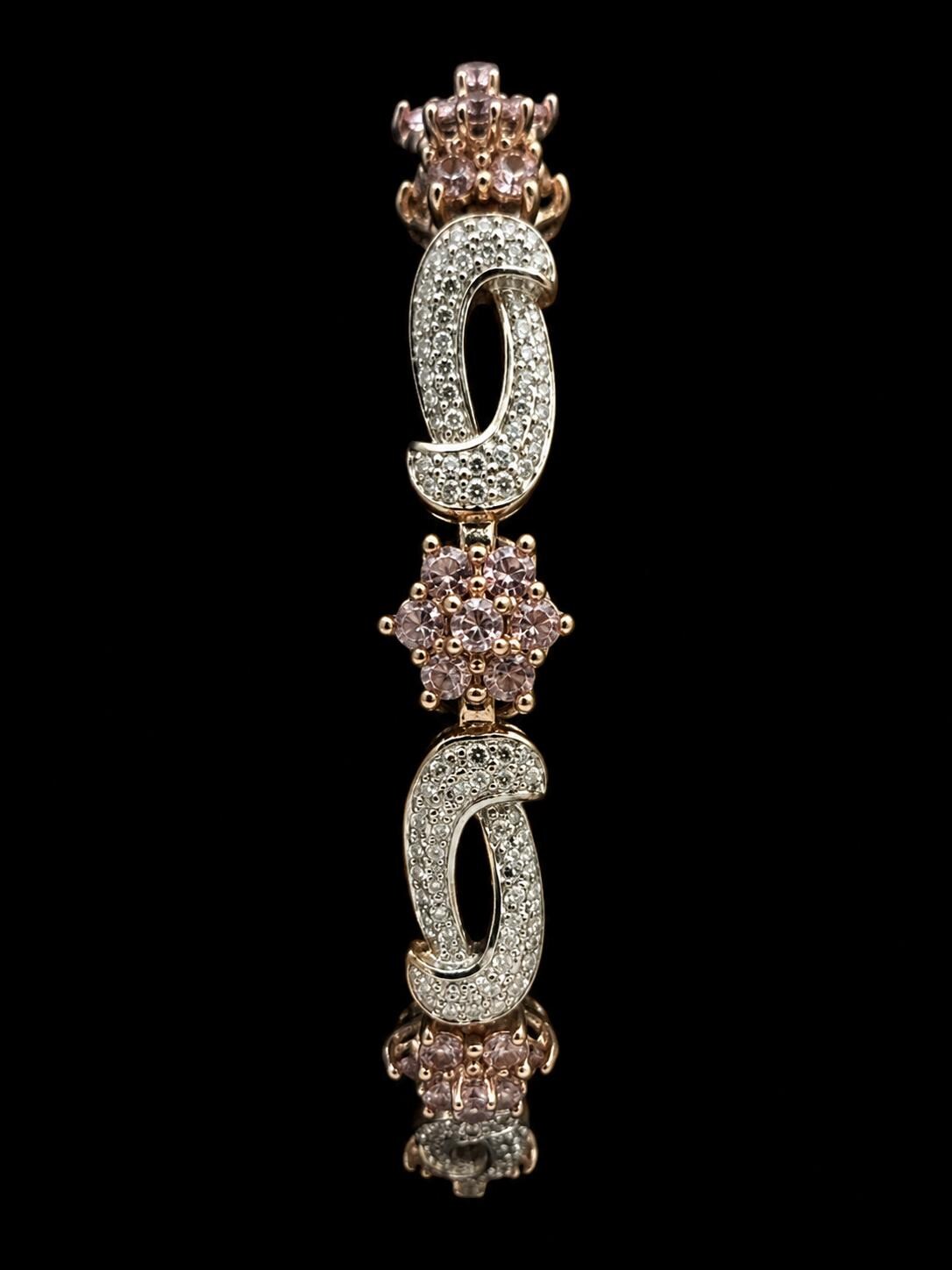 Vintage Ross-Simons Sterling Silver Pink CZ Floral Link Bracelet 7.5"