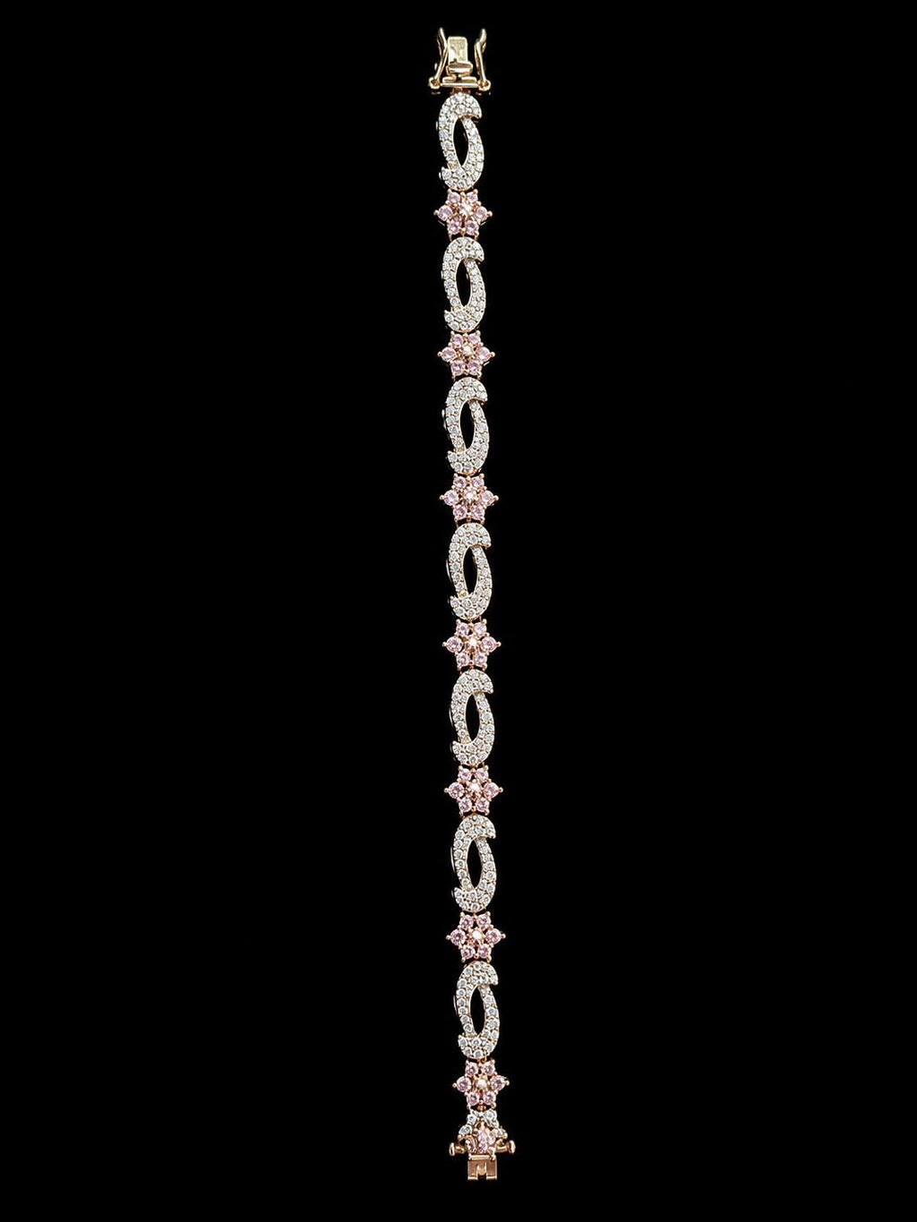 Vintage Ross-Simons Sterling Silver Pink CZ Floral Link Bracelet 7.5"