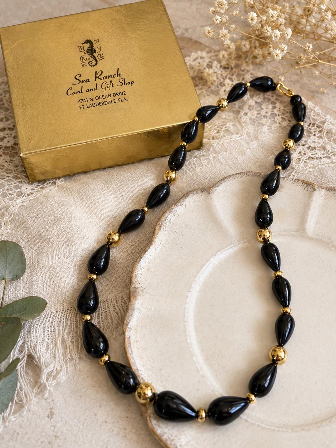 Vintage 1980s Napier Black Lucite Teardrop Gold Tone Bead Necklace 29 Inch