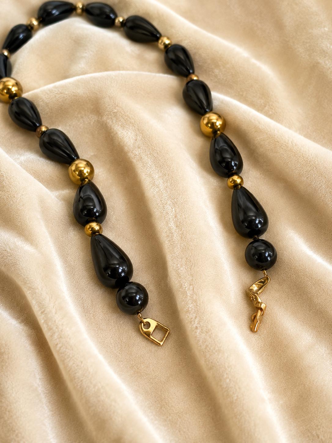 Vintage 1980s Napier Black Lucite Teardrop Gold Tone Bead Necklace 29 Inch