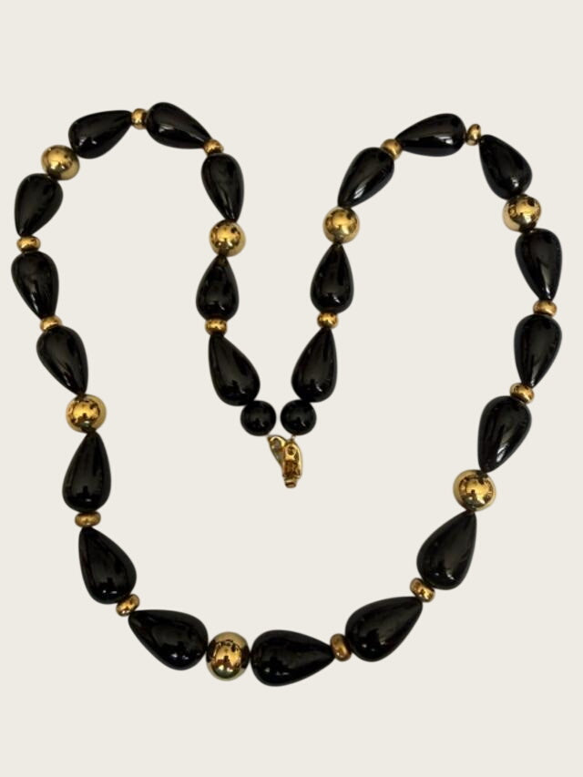 Vintage 1980s Napier Black Lucite Teardrop Gold Tone Bead Necklace 29 Inch
