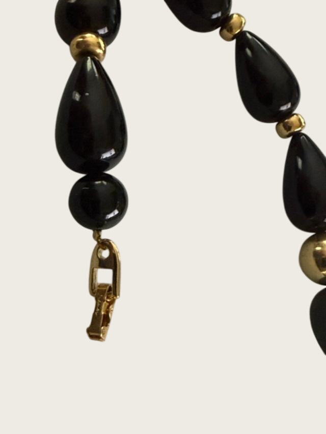 Vintage 1980s Napier Black Lucite Teardrop Gold Tone Bead Necklace 29 Inch
