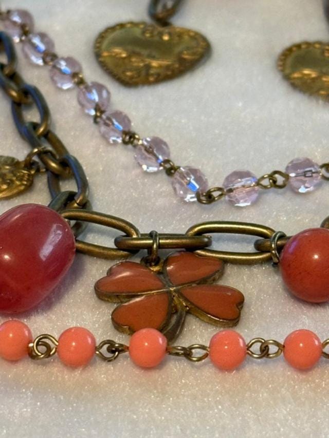 Coral Pink Beaded Statement Necklace & Earrings Set Antique Gold Hearts Clover