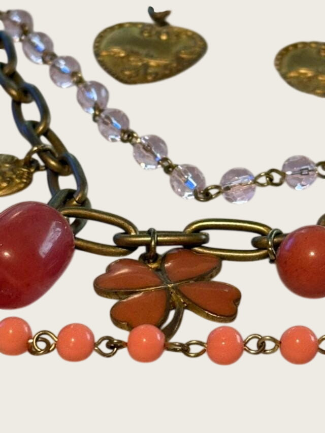 Coral Pink Beaded Statement Necklace & Earrings Set Antique Gold Hearts Clover