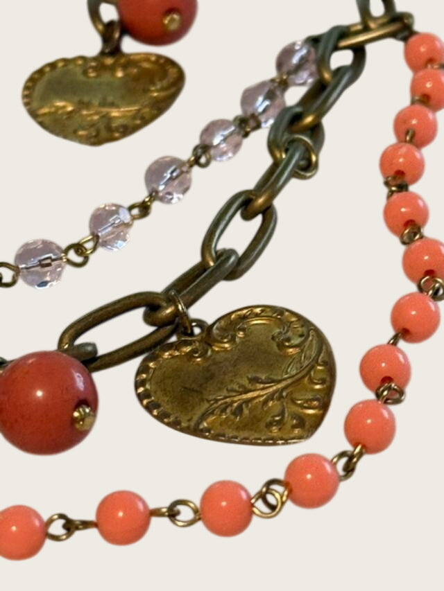 Coral Pink Beaded Statement Necklace & Earrings Set Antique Gold Hearts Clover
