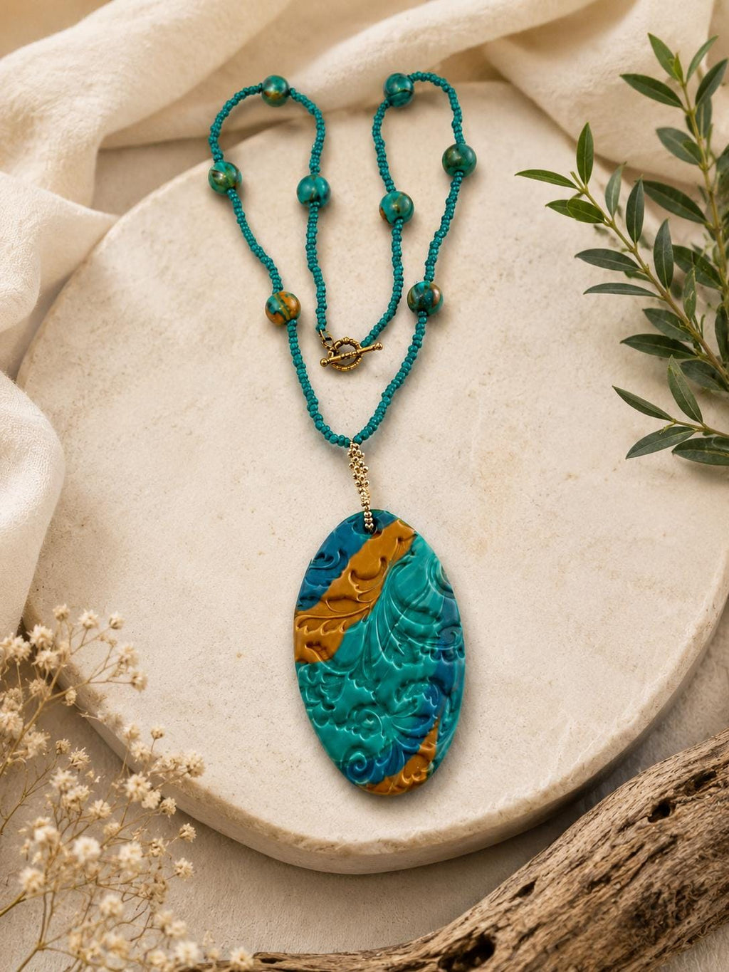 Artisan Made Polymer Clay Necklace OOAK Teal Brown Boho Pendant 21 Inch Beaded Jewelry