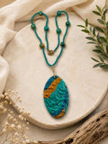 Artisan Made Polymer Clay Necklace OOAK Teal Brown Boho Pendant 21 Inch Beaded Jewelry