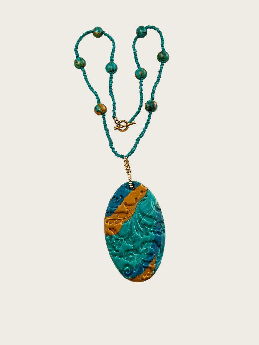 Artisan Made Polymer Clay Necklace OOAK Teal Brown Boho Pendant 21 Inch Beaded Jewelry