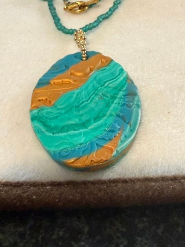 Artisan Made Polymer Clay Necklace OOAK Teal Brown Boho Pendant 21 Inch Beaded Jewelry