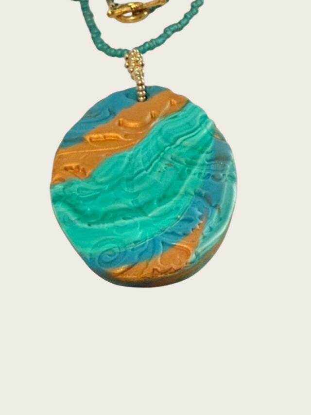 Artisan Made Polymer Clay Necklace OOAK Teal Brown Boho Pendant 21 Inch Beaded Jewelry
