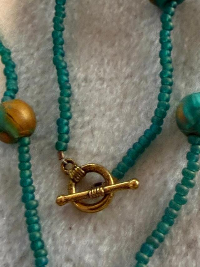 Artisan Made Polymer Clay Necklace OOAK Teal Brown Boho Pendant 21 Inch Beaded Jewelry