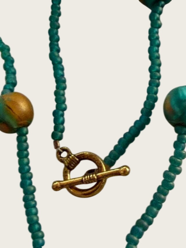 Artisan Made Polymer Clay Necklace OOAK Teal Brown Boho Pendant 21 Inch Beaded Jewelry