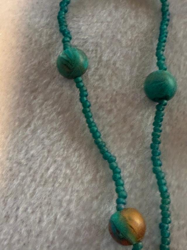 Artisan Made Polymer Clay Necklace OOAK Teal Brown Boho Pendant 21 Inch Beaded Jewelry