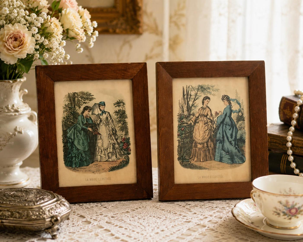 Pair Antique French La Mode Illustrée Fashion Plates c.1875 Walnut Frames