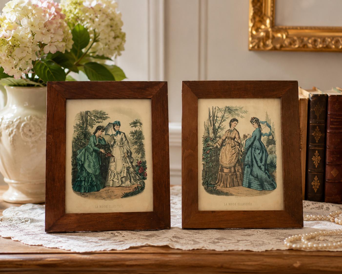 Pair Antique French La Mode Illustrée Fashion Plates c.1875 Walnut Frames