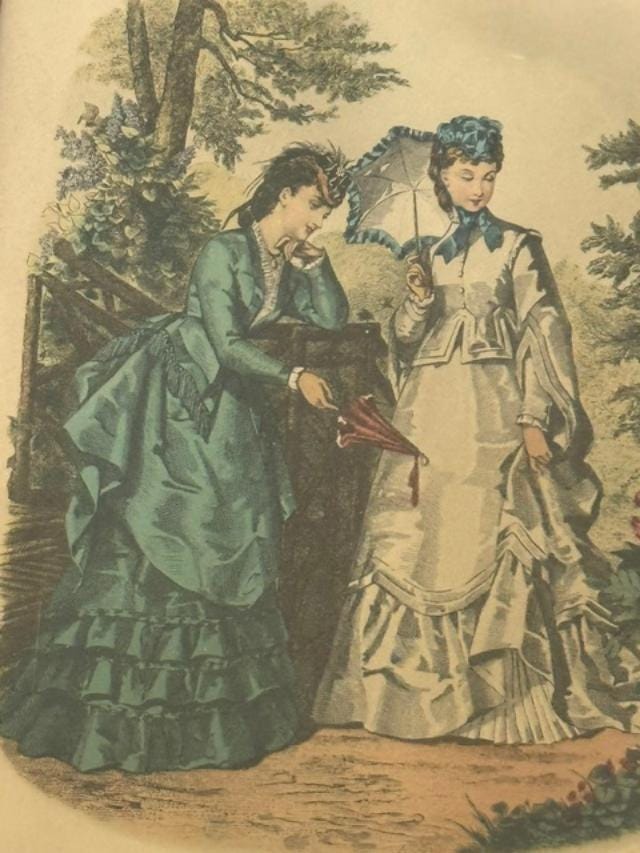 Pair Antique French La Mode Illustrée Fashion Plates c.1875 Walnut Frames
