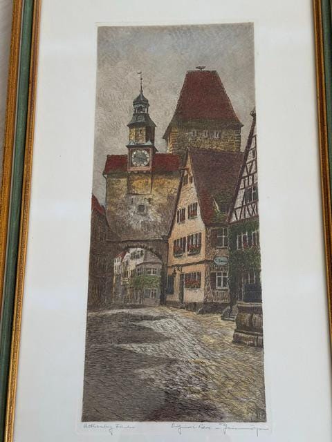 Vintage Pair Ernst Geissendorfer Rothenburg Original Etchings Framed German Art