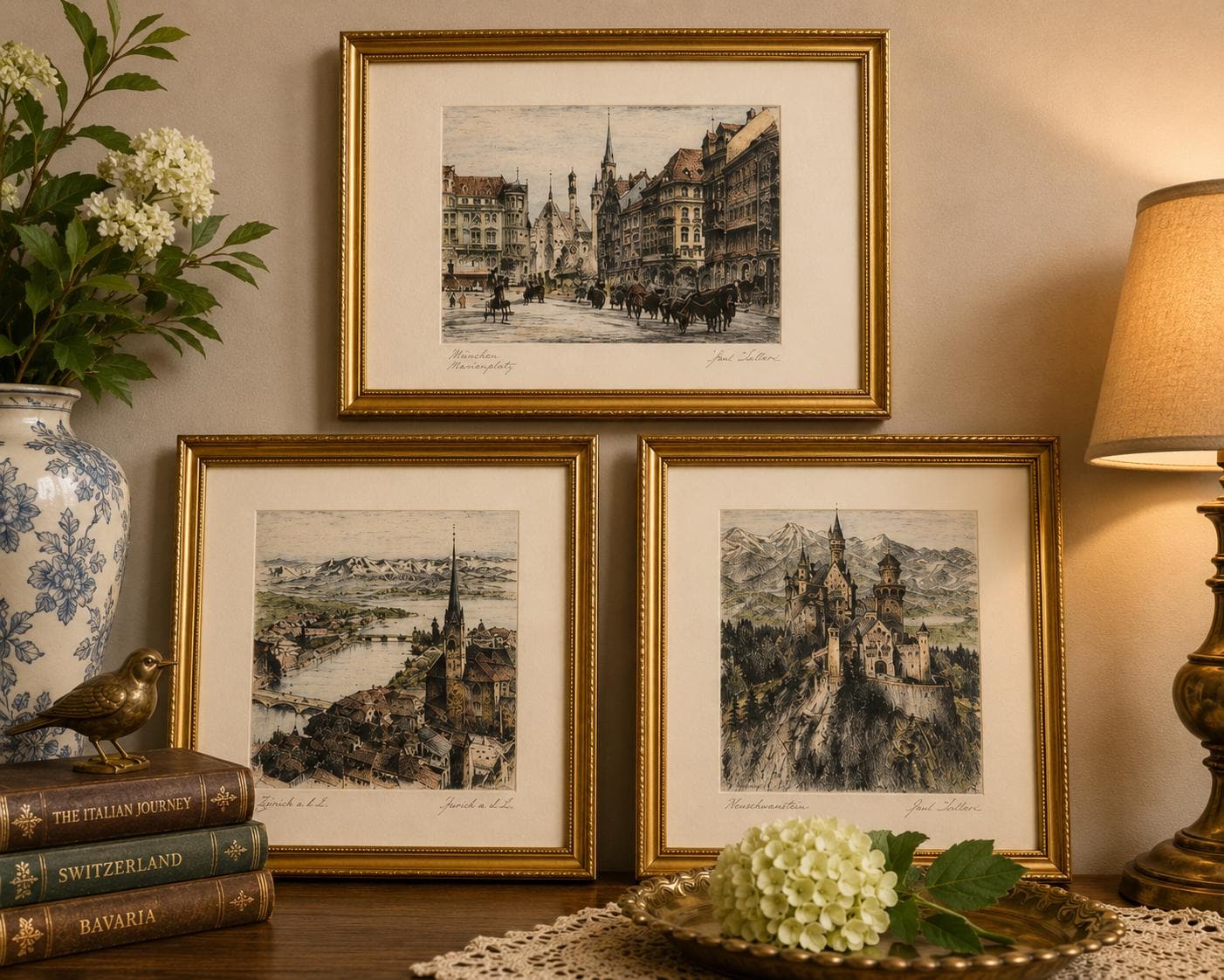 Set of 3 Paul Geissler Hand Colored Etchings Neuschwanstein Munich Zurich