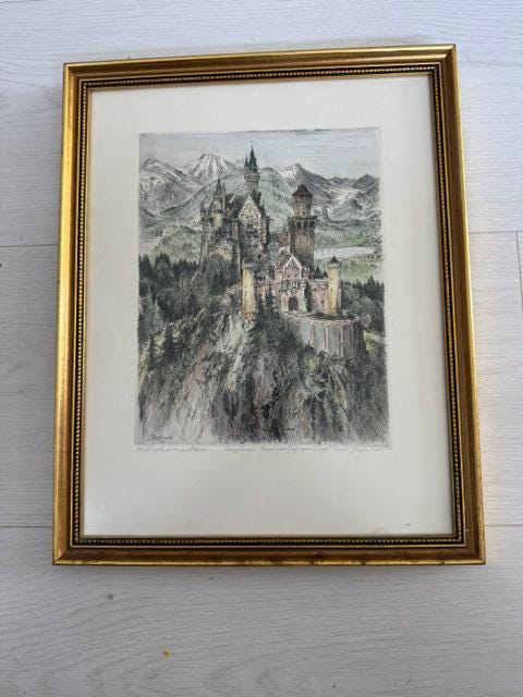 Set of 3 Paul Geissler Hand Colored Etchings Neuschwanstein Munich Zurich