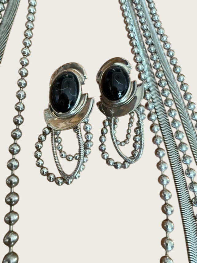 Vintage 1970s Modernist Silver Tone Multi Strand Necklace & Black Cabochon Clip Earring Set