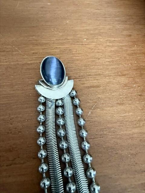 Vintage 1970s Modernist Silver Tone Multi Strand Necklace & Black Cabochon Clip Earring Set