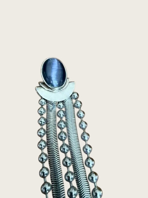 Vintage 1970s Modernist Silver Tone Multi Strand Necklace & Black Cabochon Clip Earring Set