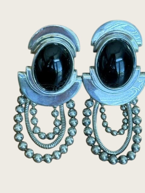 Vintage 1970s Modernist Silver Tone Multi Strand Necklace & Black Cabochon Clip Earring Set