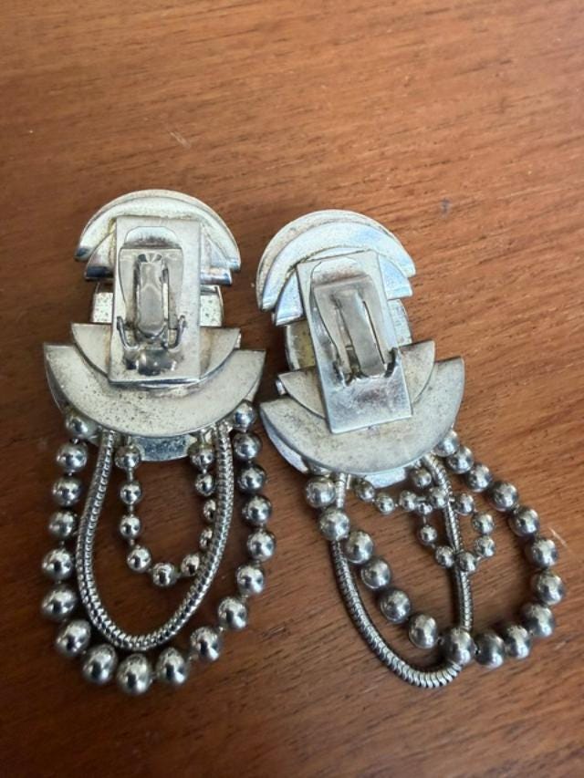 Vintage 1970s Modernist Silver Tone Multi Strand Necklace & Black Cabochon Clip Earring Set
