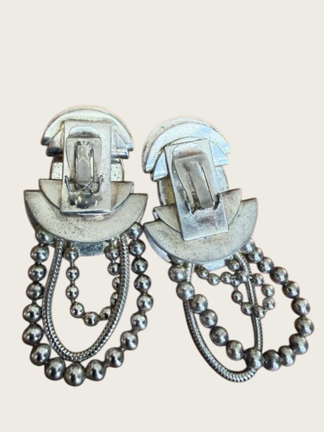 Vintage 1970s Modernist Silver Tone Multi Strand Necklace & Black Cabochon Clip Earring Set
