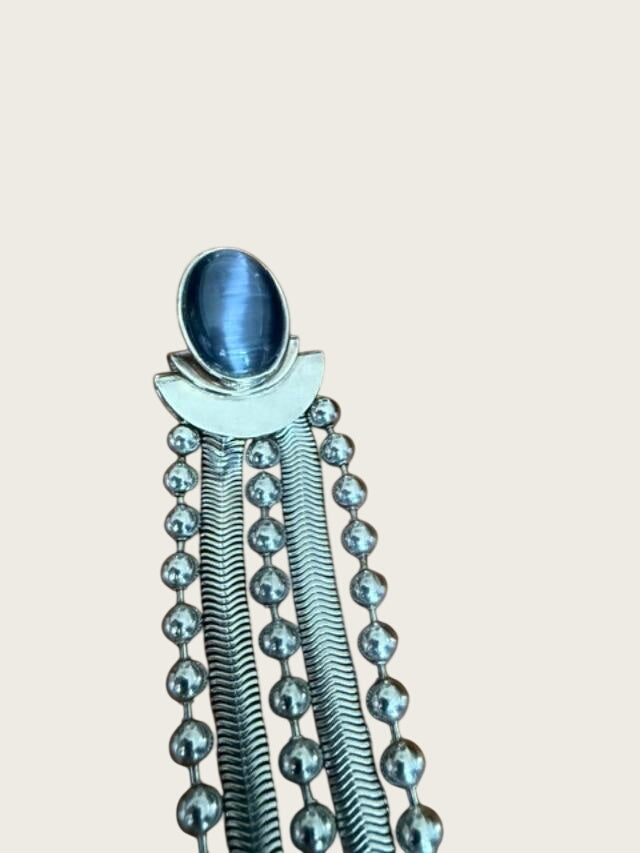 Vintage 1970s Modernist Silver Tone Multi Strand Necklace & Black Cabochon Clip Earring Set
