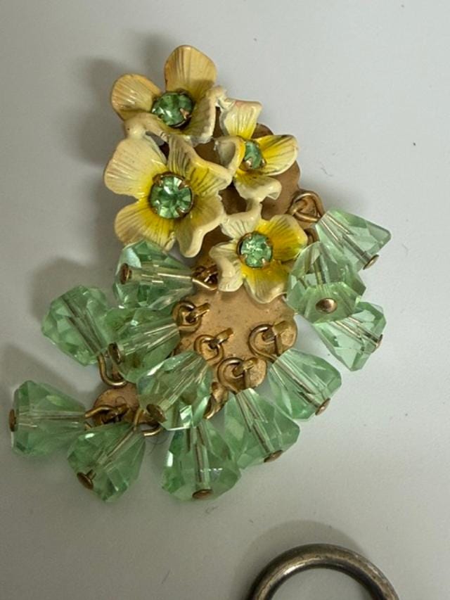 Vintage Green Bead Floral Bracelet Clip On Earrings Set Mid Century