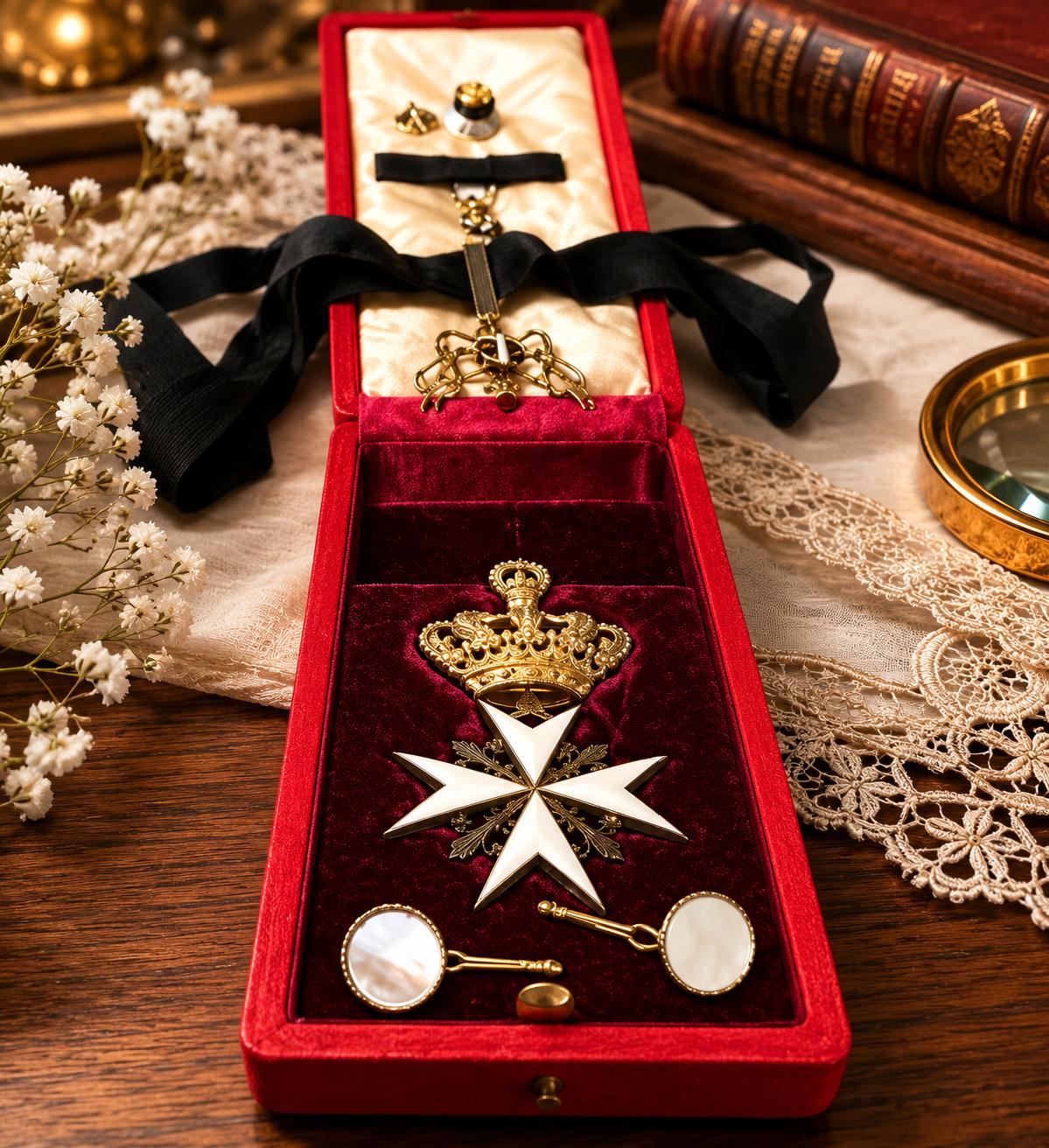 Vintage Cased Maltese Cross Medal Order Set Crowned Enamel Decoration