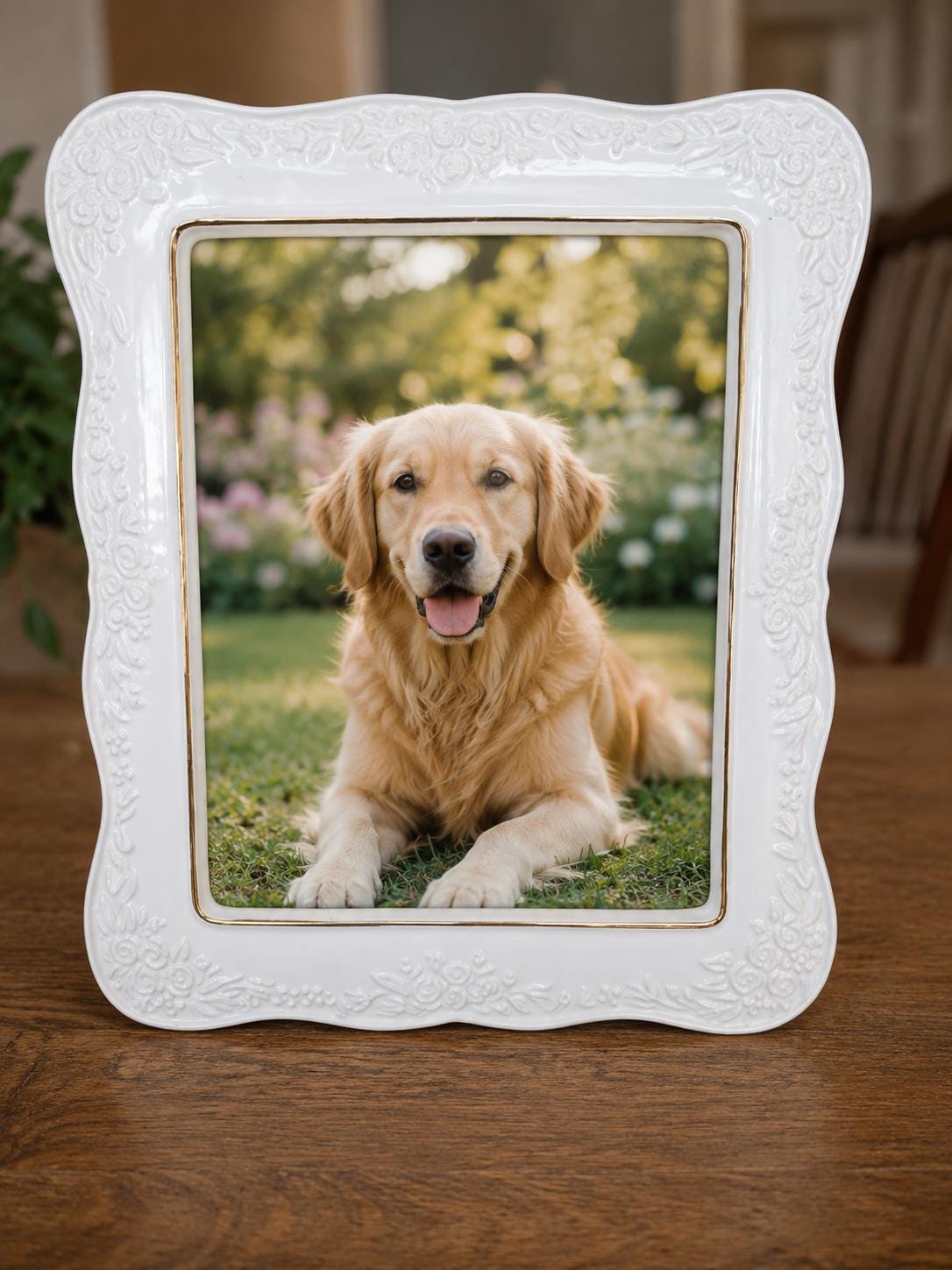 Vintage White Porcelain Floral Picture Frame 8x10 Ornate Gold Trim