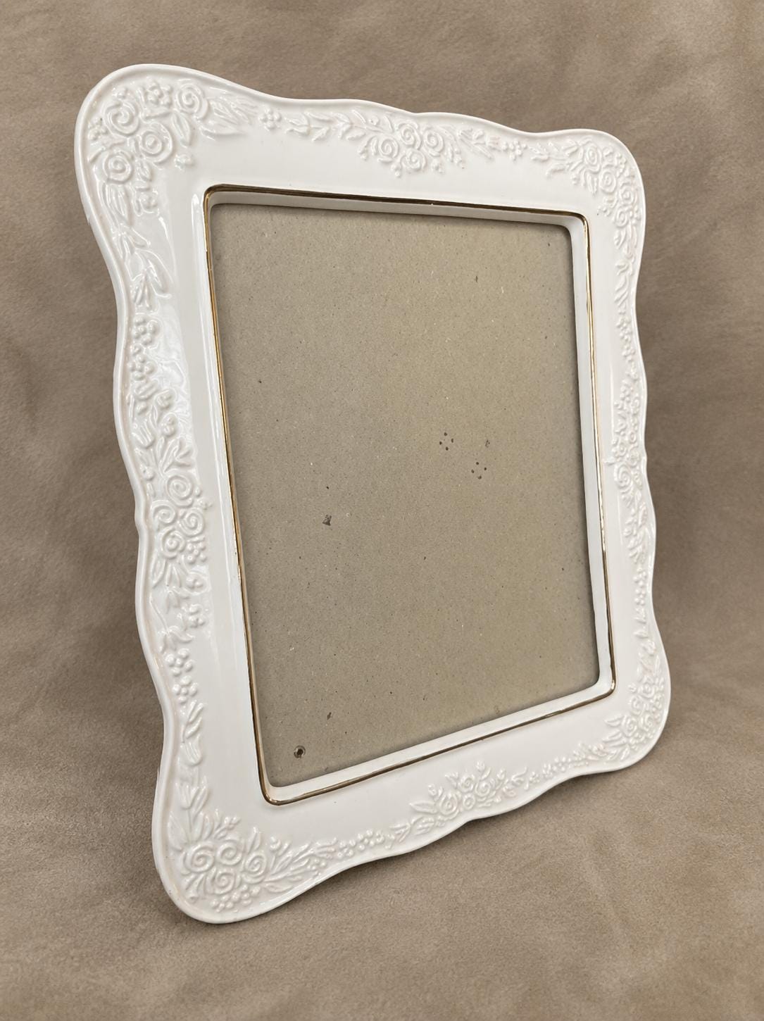 Vintage White Porcelain Floral Picture Frame 8x10 Ornate Gold Trim