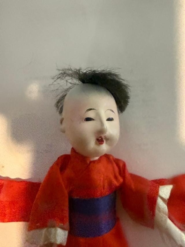 Vintage Japanese Gofun Ichimatsu Style Mini Doll Red Kimono 5 Inch