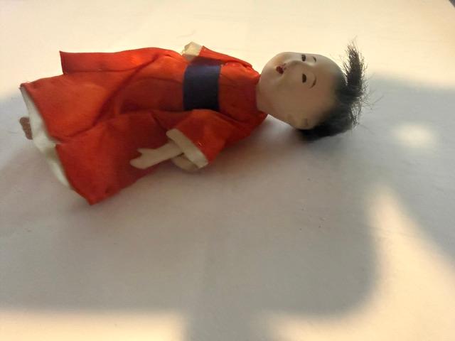 Vintage Japanese Gofun Ichimatsu Style Mini Doll Red Kimono 5 Inch