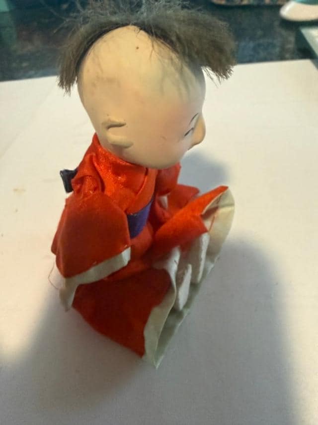 Vintage Japanese Gofun Ichimatsu Style Mini Doll Red Kimono 5 Inch