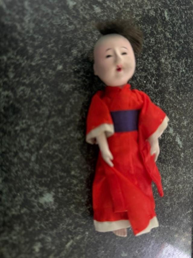 Vintage Japanese Gofun Ichimatsu Style Mini Doll Red Kimono 5 Inch