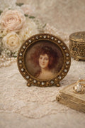 Vintage Ornate Round Portrait Miniature Frame with Rhinestone Accents on Easel Stand