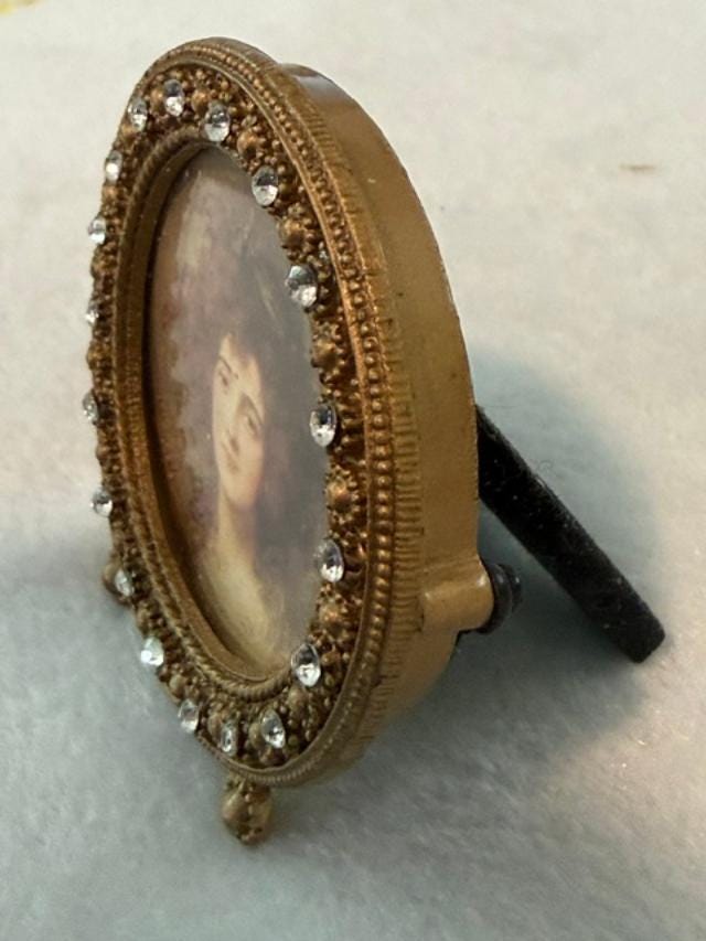 Vintage Ornate Round Portrait Miniature Frame with Rhinestone Accents on Easel Stand