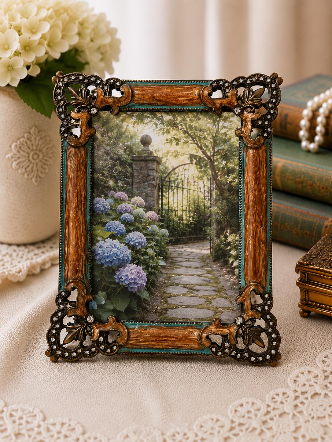 Vintage 1990s Jeweled Floral Photo Frame Faux Wood Turquoise Rhinestone Decordesc