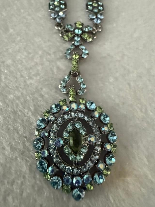 Vintage Blue Green Rhinestone Pendant Necklace 19" Silver Tone AB Crystal 2" Drop