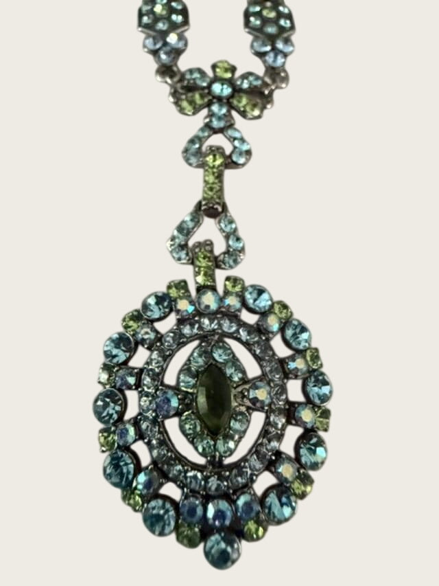 Vintage Blue Green Rhinestone Pendant Necklace 19" Silver Tone AB Crystal 2" Drop
